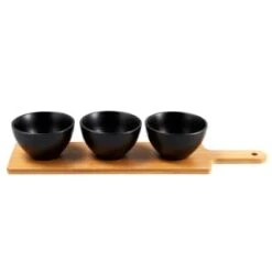 B&M Wooden Serve Board With Black Dip Bowls