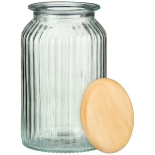B&M Large Ribbed Glass Jar With Wooden Lid 4 B&M Large Ribbed Glass Jar With Wooden Lid - Image 2